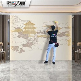 新中式楼阁壁纸山水壁布电视背景墙纸硬包壁画饭店客X餐厅装饰墙