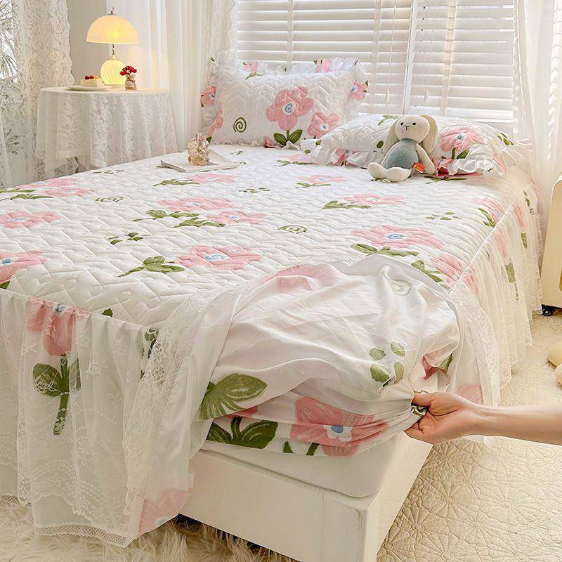新款印花床笠式床裙单件蕾丝花边床单床罩三件套加厚磨毛床套防滑