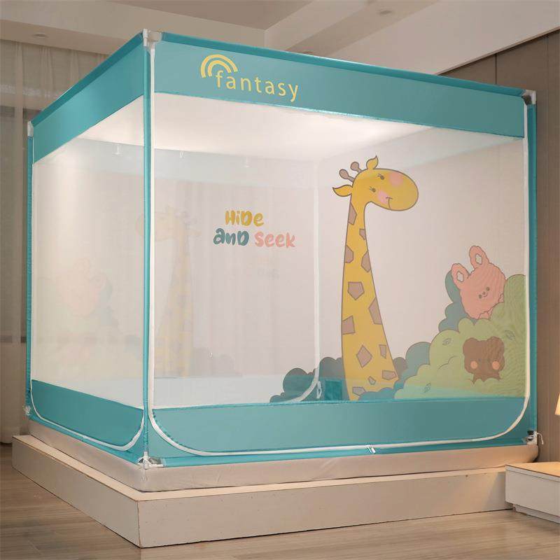 床笠款宝宝防摔坐床三开门拉链方顶蚊帐烤漆铁艺支架外穿杆蚊帐