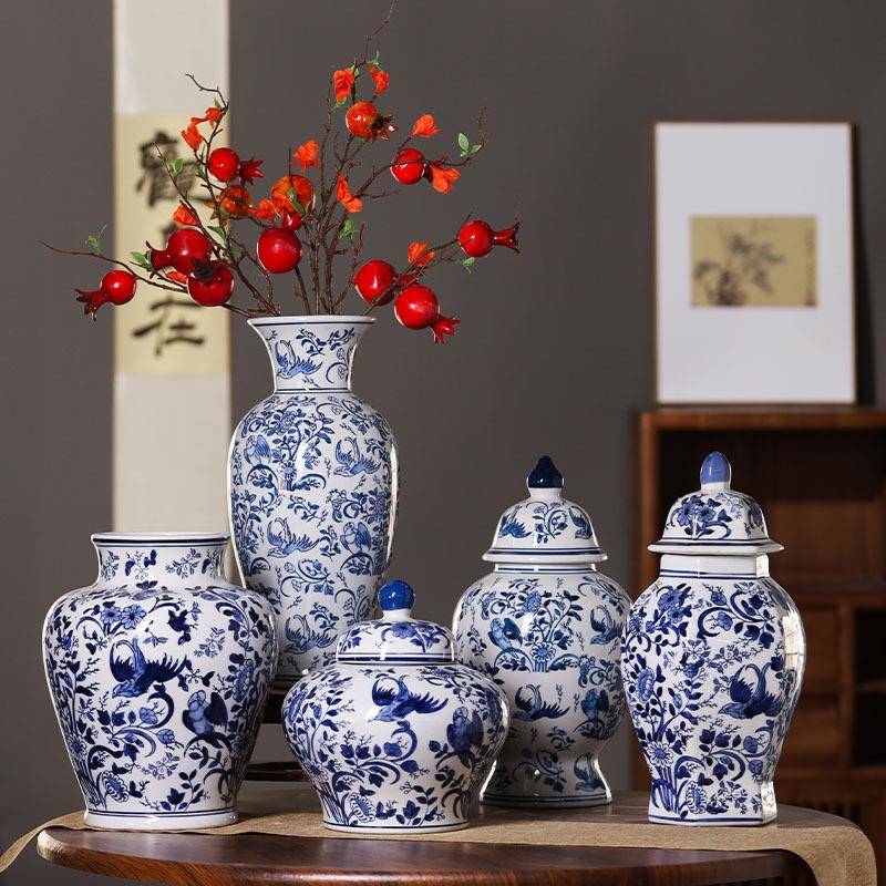 青花瓷复古陶瓷将军罐花瓶摆件客厅插花直销新中式陶瓷花瓶