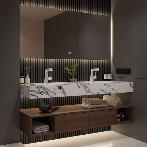 双盆浴室柜中古风卫生间酒店式岩板热H无缝一体盆洗漱台柜洗手台