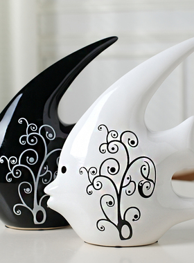 时尚家居装饰 陶瓷工艺摆件 情侣鱼燕子鱼O黑白接吻鱼摆设一对