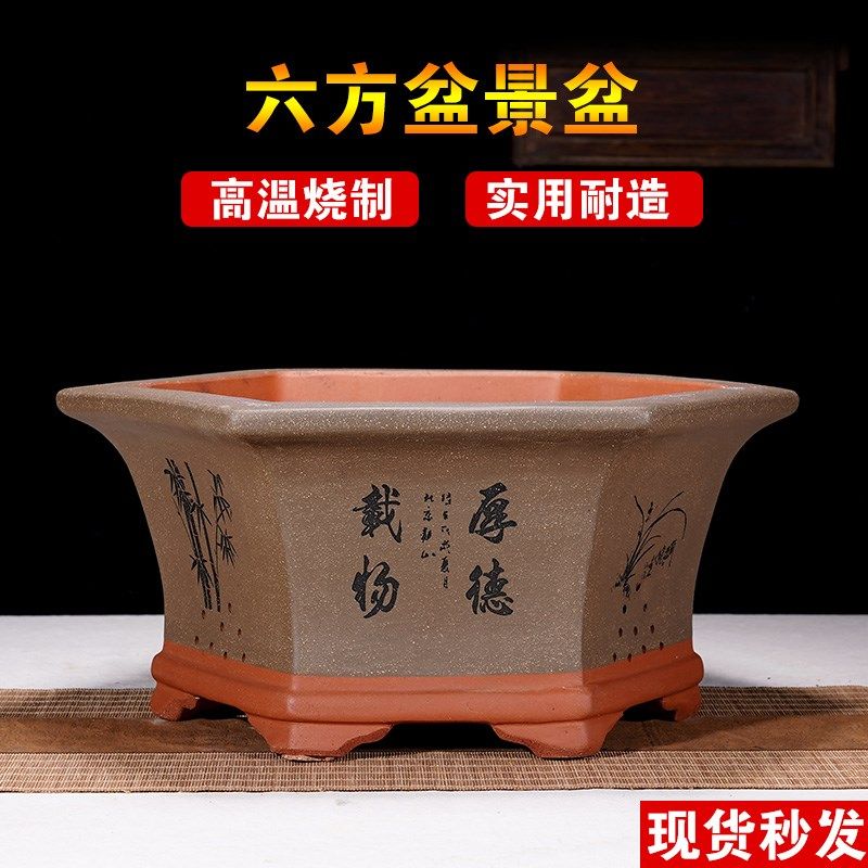 高档紫砂盆景盆六方花盆梅花老桩手工盆黑松金弹子盆精品兰花盆