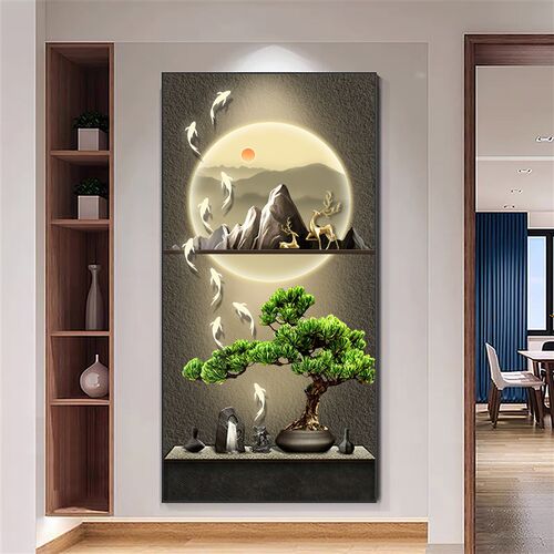 现代中式玄关装饰画迎客松正对入户门走I廊过道背景墙挂画带灯版