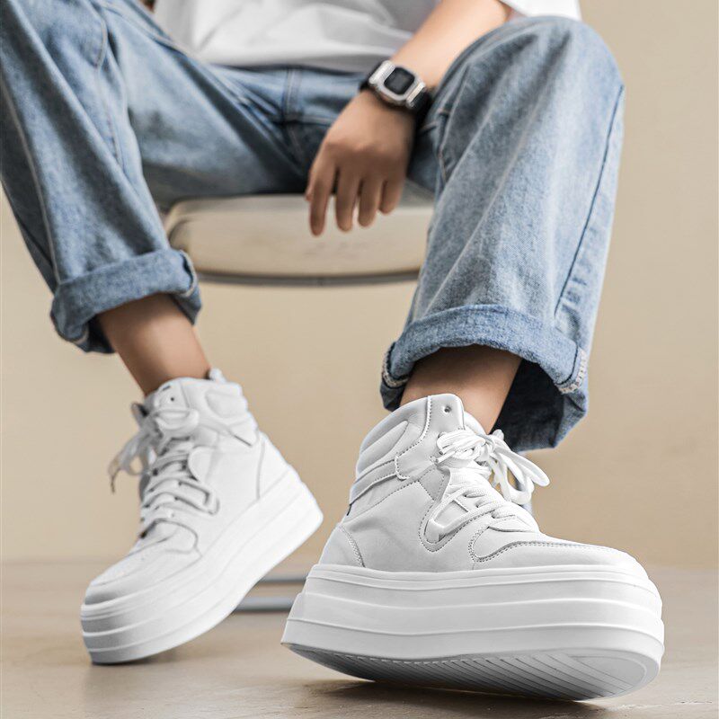 厚底高帮鞋男2023秋季小r白鞋百搭中帮板鞋内增高12cm10cm鞋子男