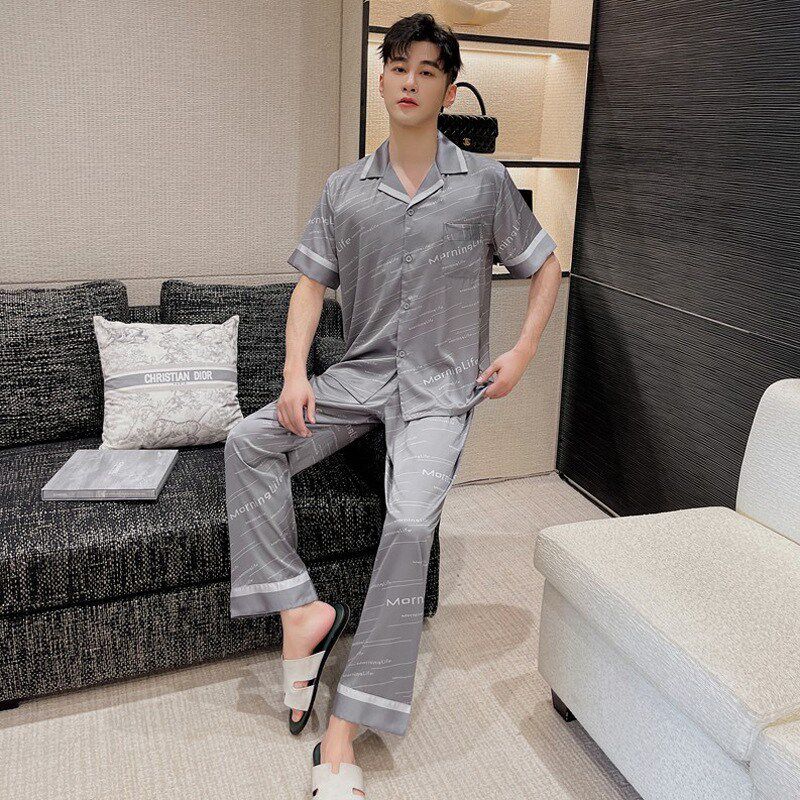 冰丝睡衣男夏季短袖 长裤开衫家居服可外穿薄款宽松大码套装