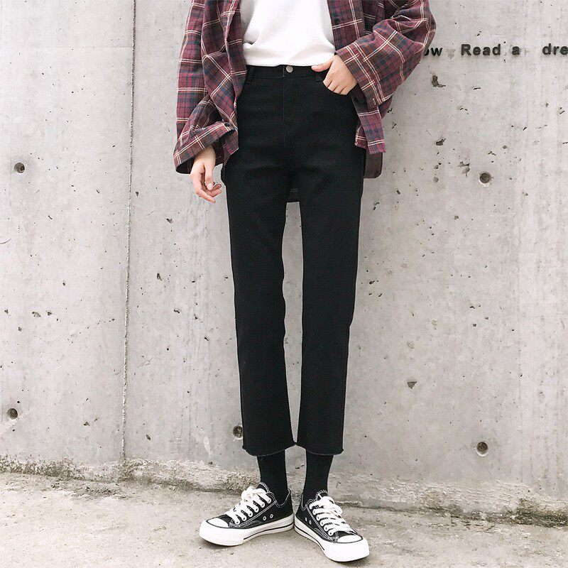 黑色直筒牛仔裤女2021春秋新款高腰显瘦八分小个子宽松阔腿百搭潮