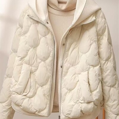 针织连帽假两件新短款羽绒棉衣服女冬装美拉德宽松大码厚暖袄外套