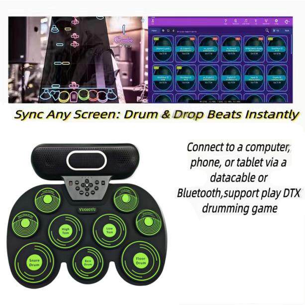 电子鼓色条纹手卷鼓带绿音响NPJ电便锂携式架子鼓子儿童练习鼓电