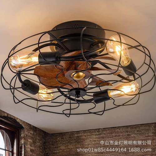 复扇古吸顶卧室风扇灯隐形JD624式工业风顶遥控餐厅吊灯美铁艺灯