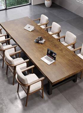 美式办VGP公室实木议桌loft会椅工室长条原木办作公桌酒店大型谈