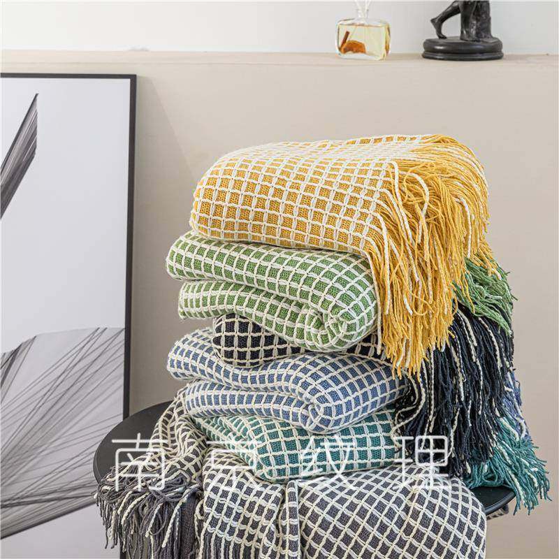 GZ6M床尾现搭代轻奢沙发毯黑白格样板F76M598H宿房装饰巾酒店民盖