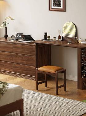 中式黑胡木梳妆台FHR柜复古轻写奢卧桃室字台置物架一体书斗桌化