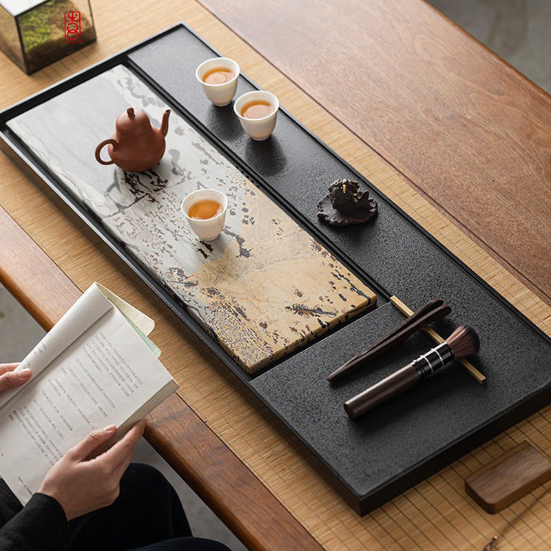 天然国画石茶盘家用轻奢整块乌金石茶台办公室用托盘茶盘精致茶海