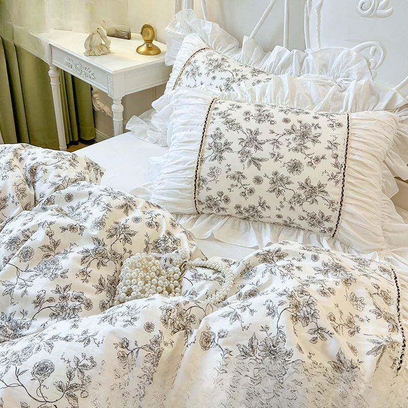 法式全棉枕套纯棉荷叶花枕头田nSGBdmCx边园风款一对套装只枕芯罩