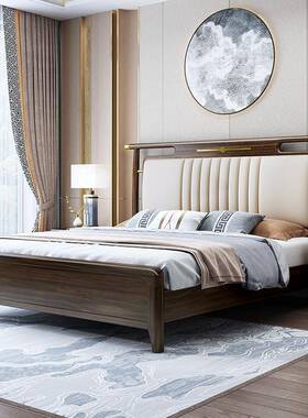 乌金木新中式木现代简约1.ZNB8米双实人床1.卧5米软靠主室床大婚