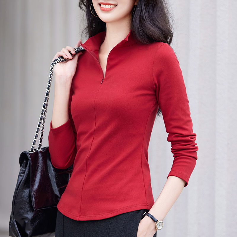 红色半高领德绒打底衫女2023年秋冬紧身拉炼加绒内搭上衣长袖T恤