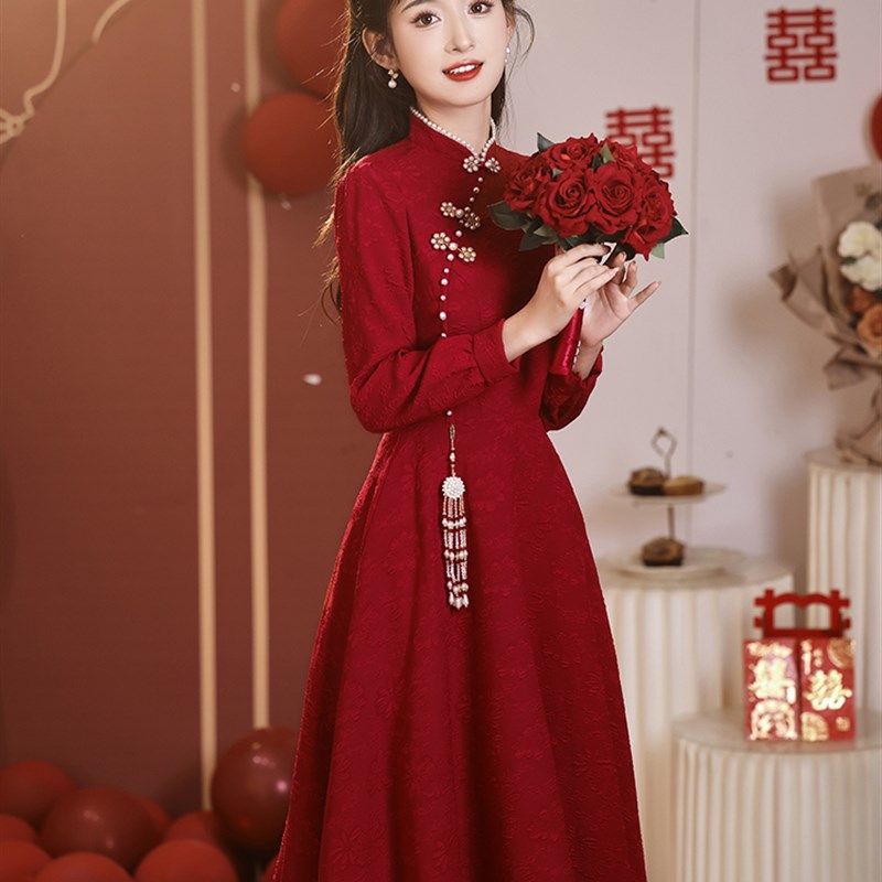 敬酒服新娘旗袍小个子酒红色订婚礼服裙中式长袖结婚衣服平时可穿