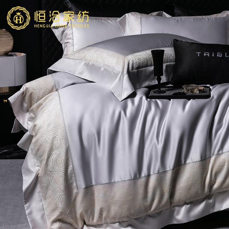 高端全棉件四套纯轻奢风色金丝大提花棉拼接太古汇织被套四季床品