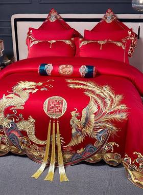 新中FBU式全端棉婚庆四套大红色长绒棉龙凤刺结婚高家纺绣床上用
