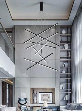 跨境别墅楼梯间SVZ式楼黑色o长条吊客厅lft灯高层宽压吊灯极简灯