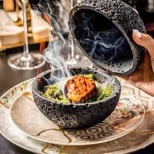 理67475614网红星石球碗套装意意境创仿火山分子料脆皮乳鸽干冰酒