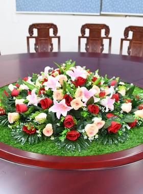 酒PAT店桌转盘花大圆台桌中间装饰花形假花摆件绿色草坪花仿真餐