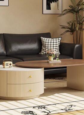 中奶油风实木伸缩几客厅约家用小户型简古椭圆形茶茶桌轻XYA奢感