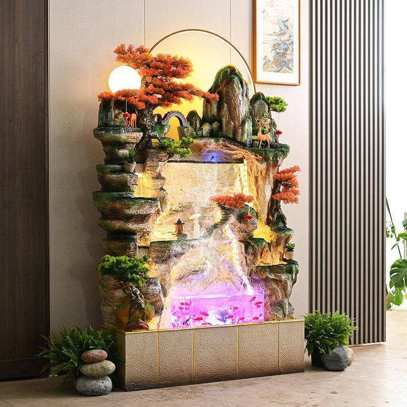 中式别墅客厅玄关屏风茶室摆装饰流水幕件大假型山水QFJ墙风喷泉