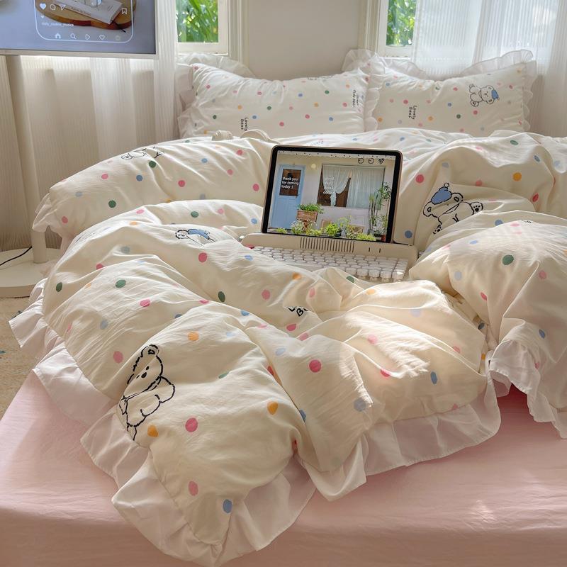 韩系花边水洗YBE棉四件套被夏天小点清款新彩色点床单套宿舍床上
