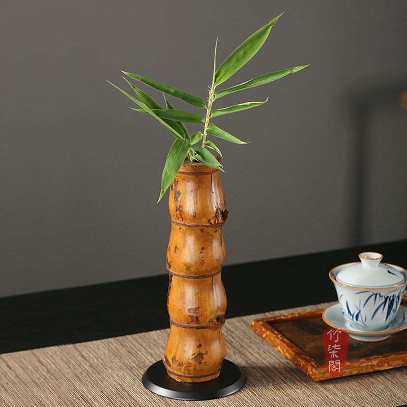 中式大漆佛肚竹花器摆件