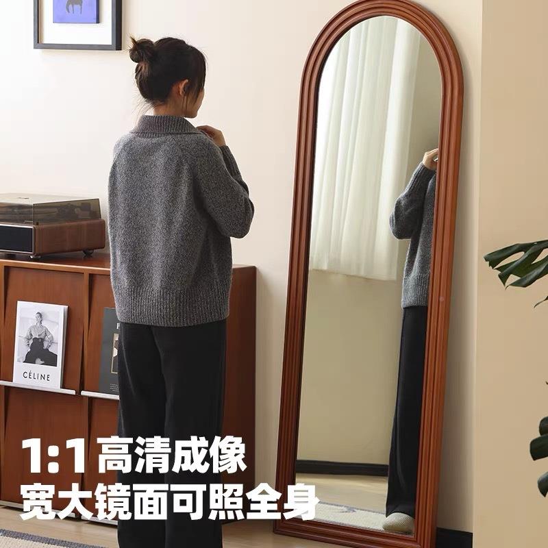 复中古风壁实古木穿衣镜家用小户型落地镜挂镜PCP子卧室原木镜全