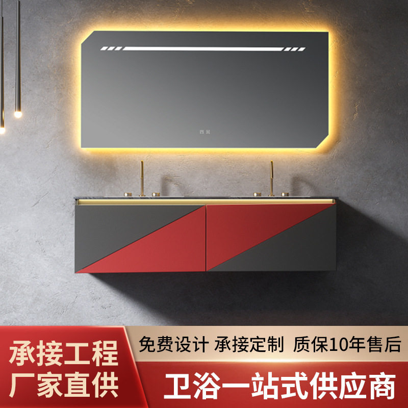 澳洲砂岩双盆无缝浴室柜组合现代简约卫生间洗手洗脸台智能浴室柜