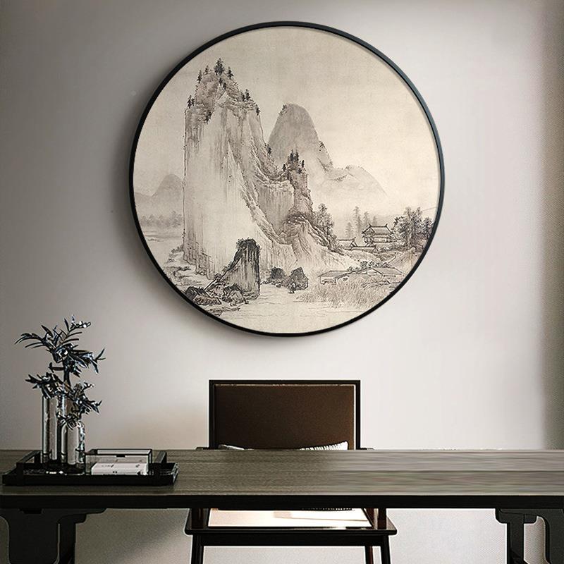 圆形山水装饰新室中式餐厅风画景挂画饭廊店茶玄关走水墨995画古