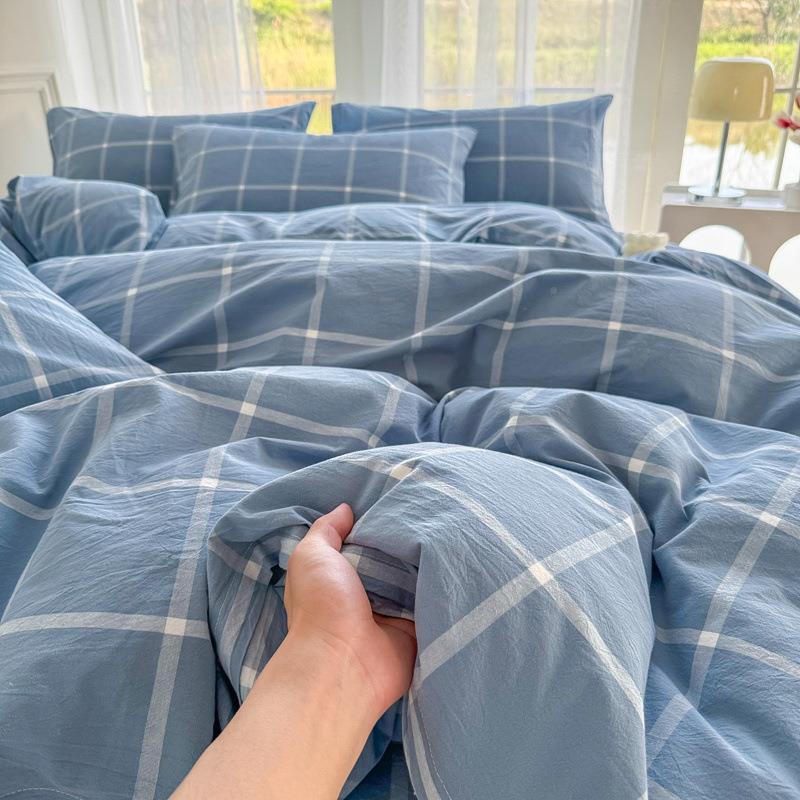 全棉19420色棉织洗棉格0子水四件套被套纯全棉100床上床单宿舍三