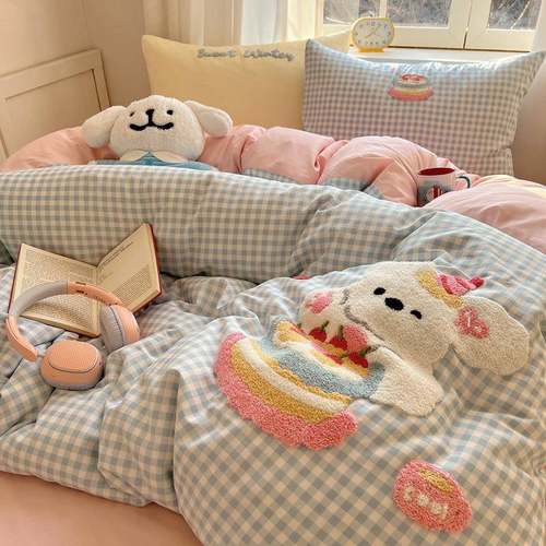 100全棉NDA纯棉品毛巾绣刺四件套床上用春夏季儿三童卡通绣床笠件