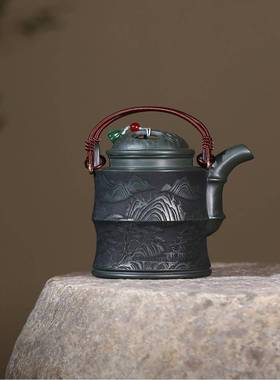 分销宜兴紫砂山壶原矿墨泥手工作制满刻观洋AUD桶大容绿量泡茶壶