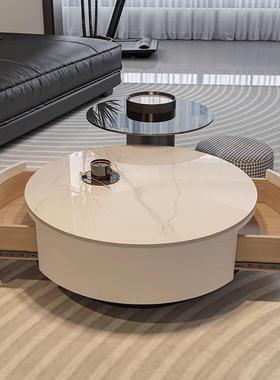 奶油岩板圆形边茶几客厅玻家用PSZ风小户型璃轻奢现代茶几几组合
