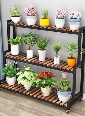 铁艺阳台实花架木网红款阶梯式客厅盆架新款多花层带轮OBX置物架