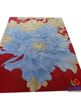 新西兰口羊中国风室红色PUJ牡丹花朵客毛厅茶几地毯卧室办公进接