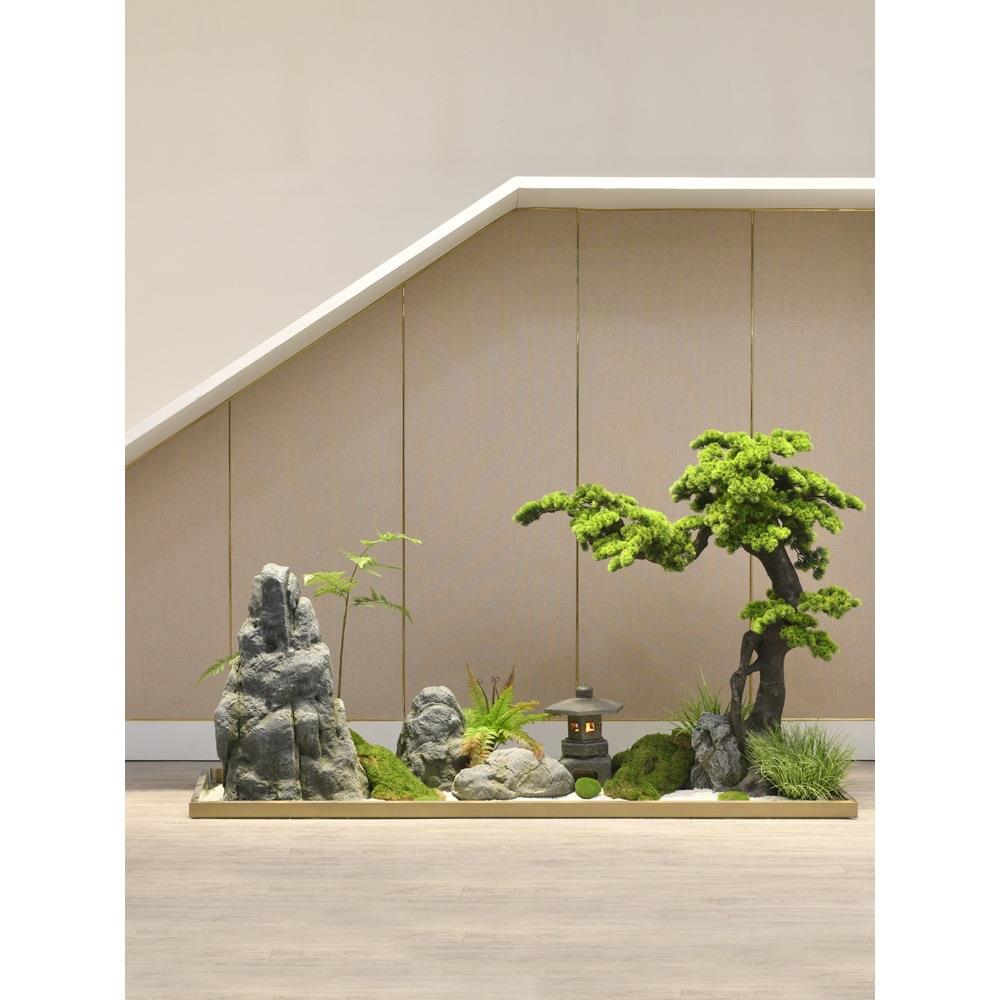 室内摆件组饰楼合仿梯下造景轻奢高GNG档假山石真绿植景观装大型