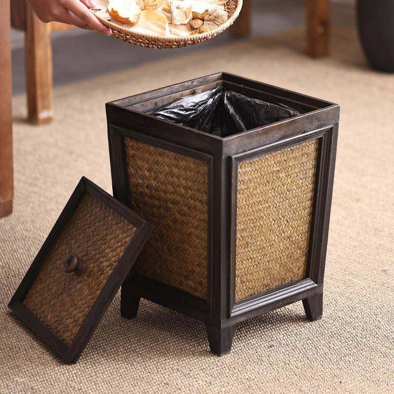 异丽复古00古风木质圾垃桶实木藤编厅茶客家用中式厨房垃圾桶带室,家庭/个人清洁工具,垃圾桶,淘宝优惠券,粉丝福利购,淘宝优惠卷