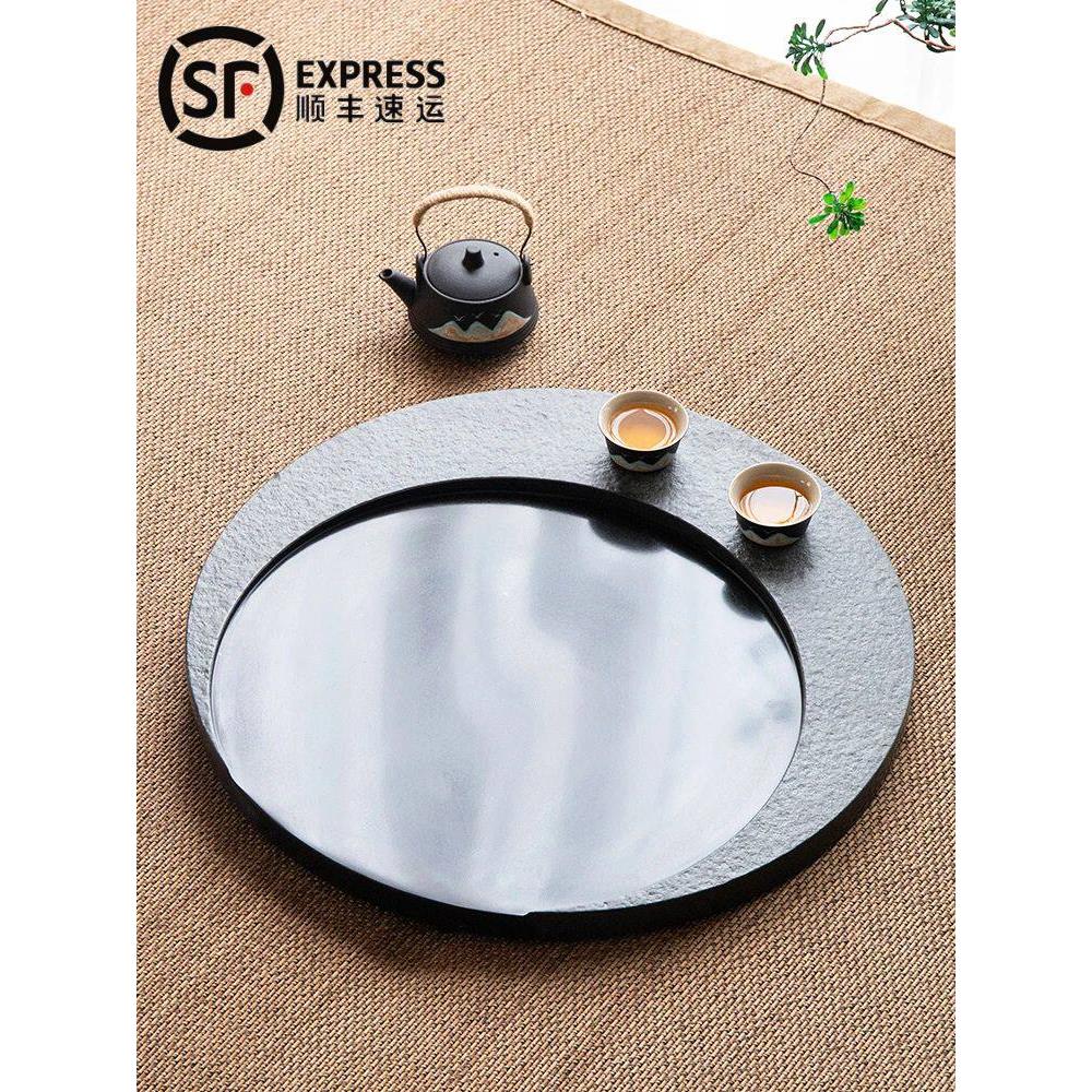 家居整体简约自然黑金石茶盘圆形石茶几大小创意现代办公茶海