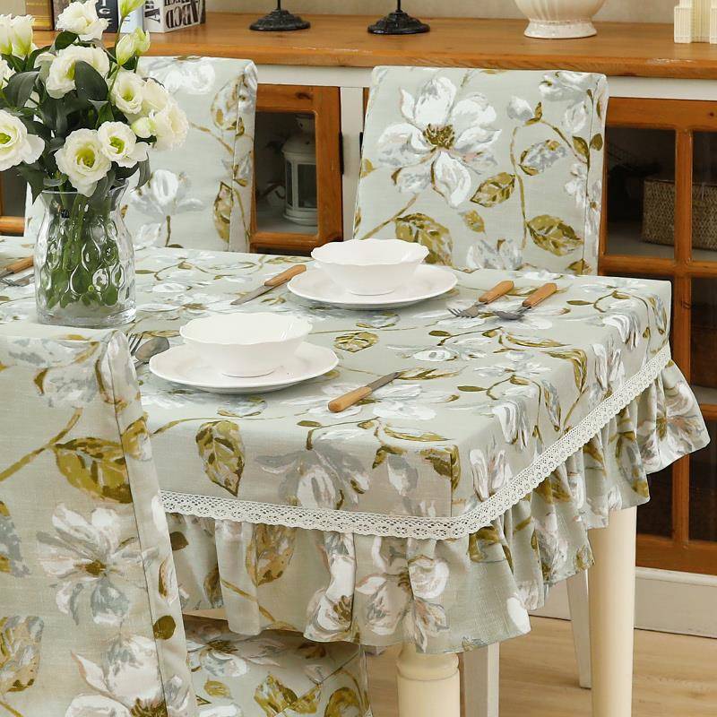 美式印花ins风餐桌布圆方桌套椅套套装田园家用桌台布布艺可定制