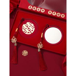 结婚镜子婚礼新娘陪嫁物品刺绣中式化妆镜喜镜一对婚庆木梳子礼盒