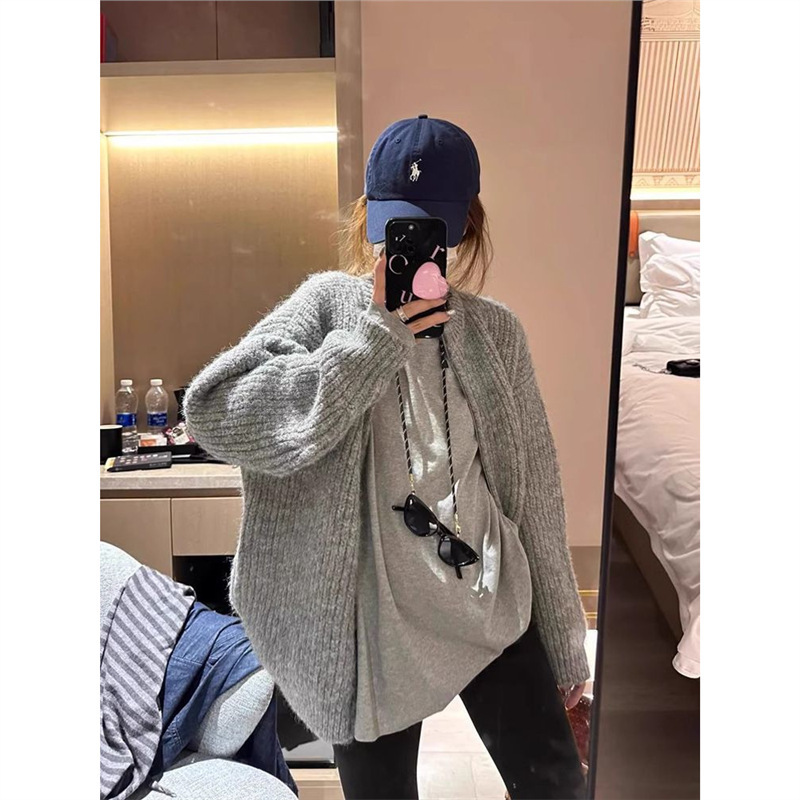 灰色针织开衫外套秋冬新款加厚韩版宽松慵懒风拉链百搭毛衣女上衣