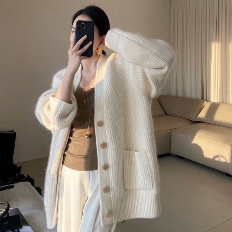 韩国chic大码秋冬针织衫女300斤胖mm慵懒风宽松毛衣开衫外套上衣
