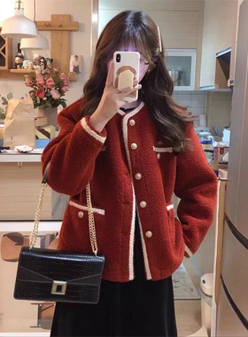 法式复古红色小香风羊羔毛外套女秋冬2025年新款气质茶系穿搭上衣