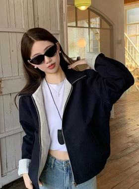 新款条纹翻领双面穿夹克外套2025秋季复古设计宽松休闲百搭上衣