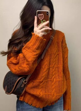 法式复古南瓜橘麻花毛衣女秋冬外穿休闲软糯温柔风慵懒针织上衣女